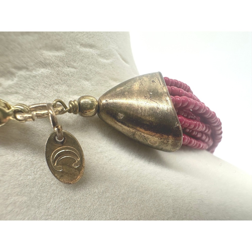 Coldwater Creek Magenta‎ Multi Strand Seed Bead Necklace Gold Ribbed Statement - Picture 6 of 7